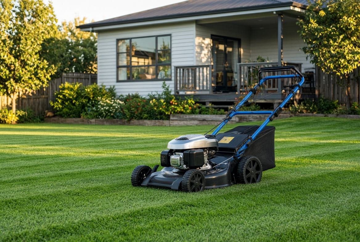 Mower on a green lawn